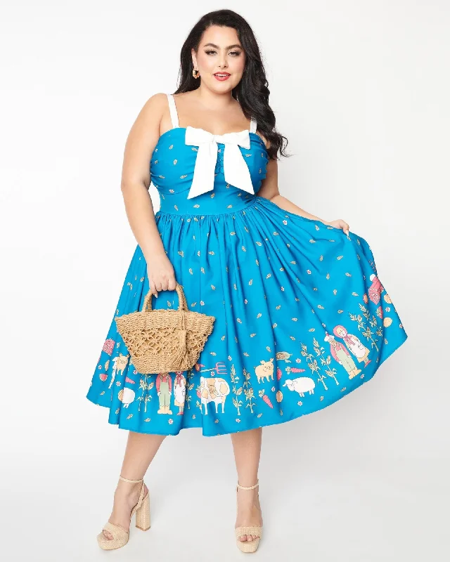 Unique Vintage Blue & White Farm Border Golightly Swing Dress | Blue Date night unclassified dresses