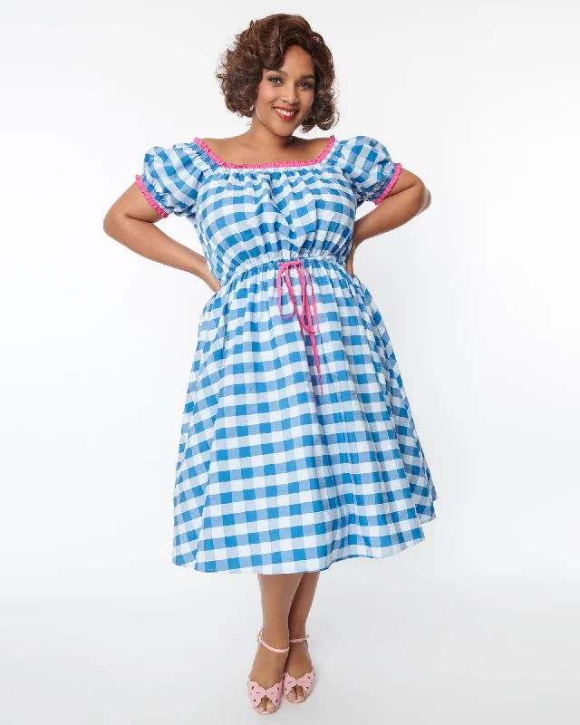 Unique Vintage Curve Blue & White Gingham Picnic Swing Dress | Blue, White, Gingham Petite unclassified dresses