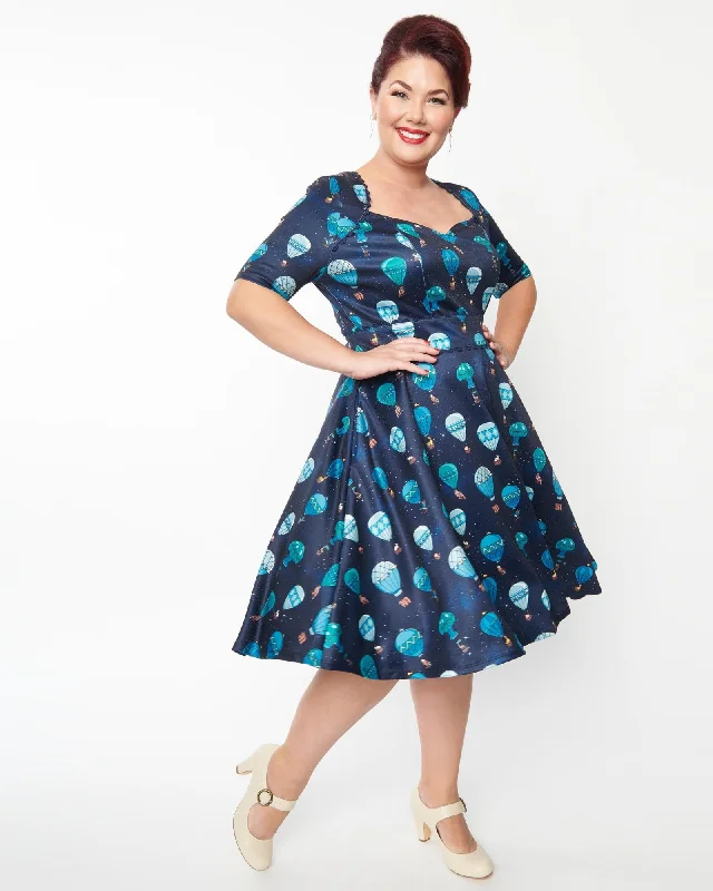 Unique Vintage Navy & Hot Air Balloon Bolero Flare Dress | Blue Flowy unclassified dresses