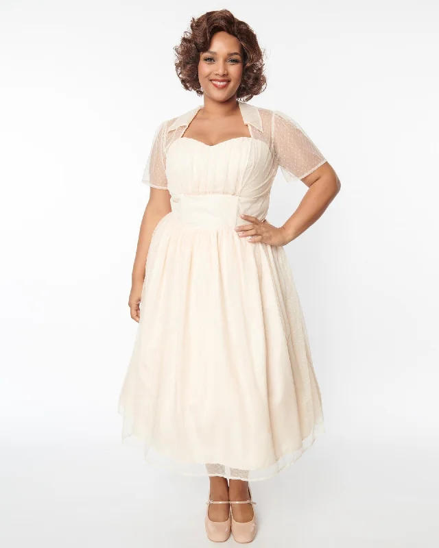 Unique Vintage Peach Clip Dot Bridal Libby Swing Dress | White, Polka Dot Cotton unclassified dresses