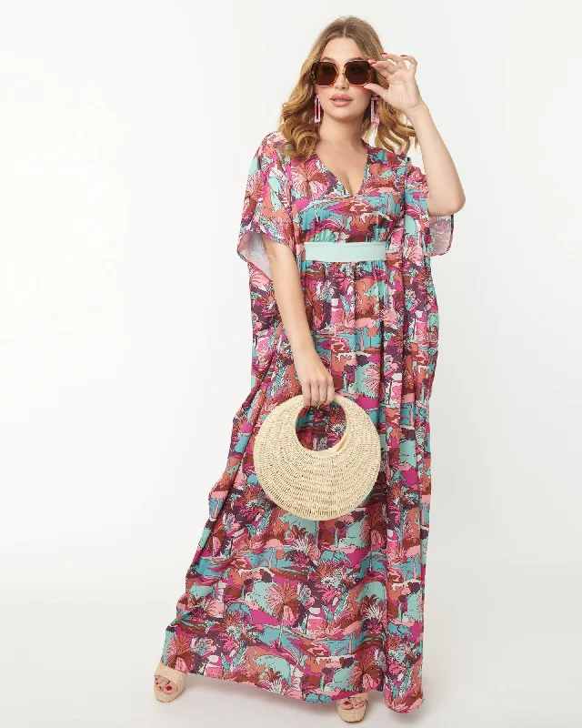 Unique Vintage Pink & Blue Elephant Oasis Burton Caftan Dress | Pink, Blue Trendy new unclassified dresses