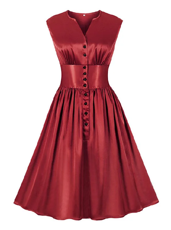 Vintage Glossy V Neckline Front Button Sleeveless High Waist Swing Dress Unique unclassified dresses