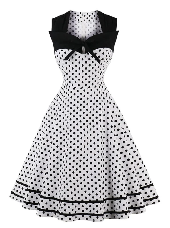 Vintage Sleeveless Square Neckline Polka Dot White Dress Short unclassified dresses