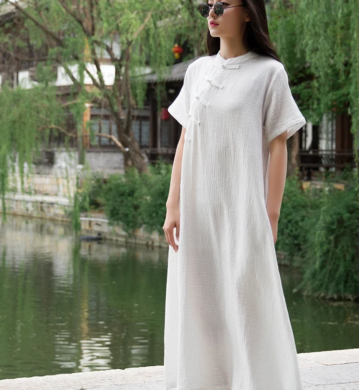 Women Dresses Casual Linen Cotton Women Dresses Loose Style Chinese Buttons BXF97215 Cotton unclassified dresses