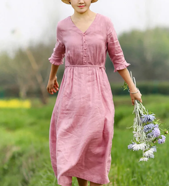 Pink Women Dresses Casual Summer Draw String Linen Women Dresses SJ97215 Lounge unclassified dresses