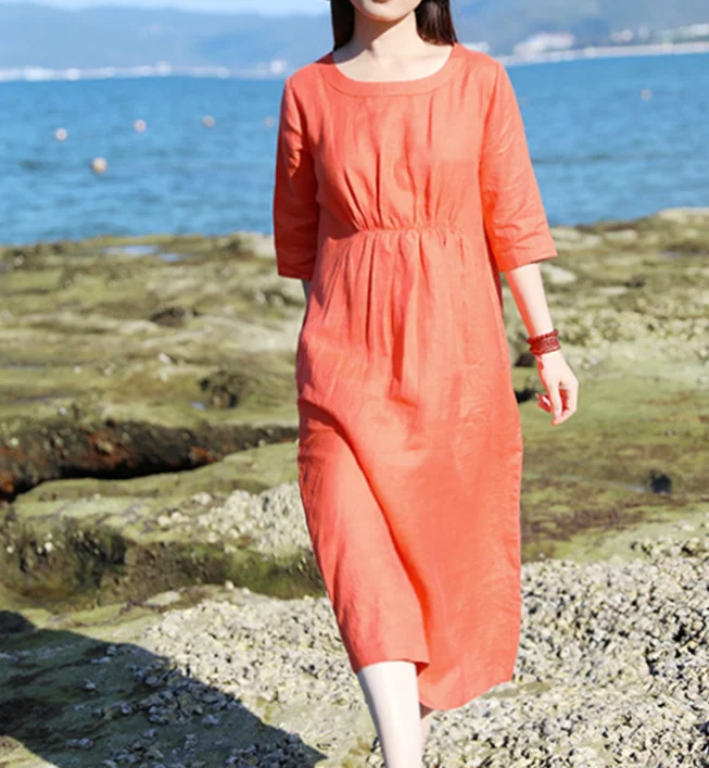 Orange Women Dresses Casual Summer Linen Women Dresses SJ97215 Bright color unclassified dresses