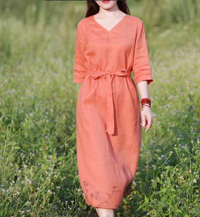 V Neck Women Dresses Casual Summer Linen Women Dresses SJ97215 Satin unclassified dresses