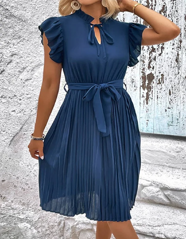 WOMEN RUFFLED HIGH NECK PLEATED KNEE LENGTH  Dress Club unclassified dresses