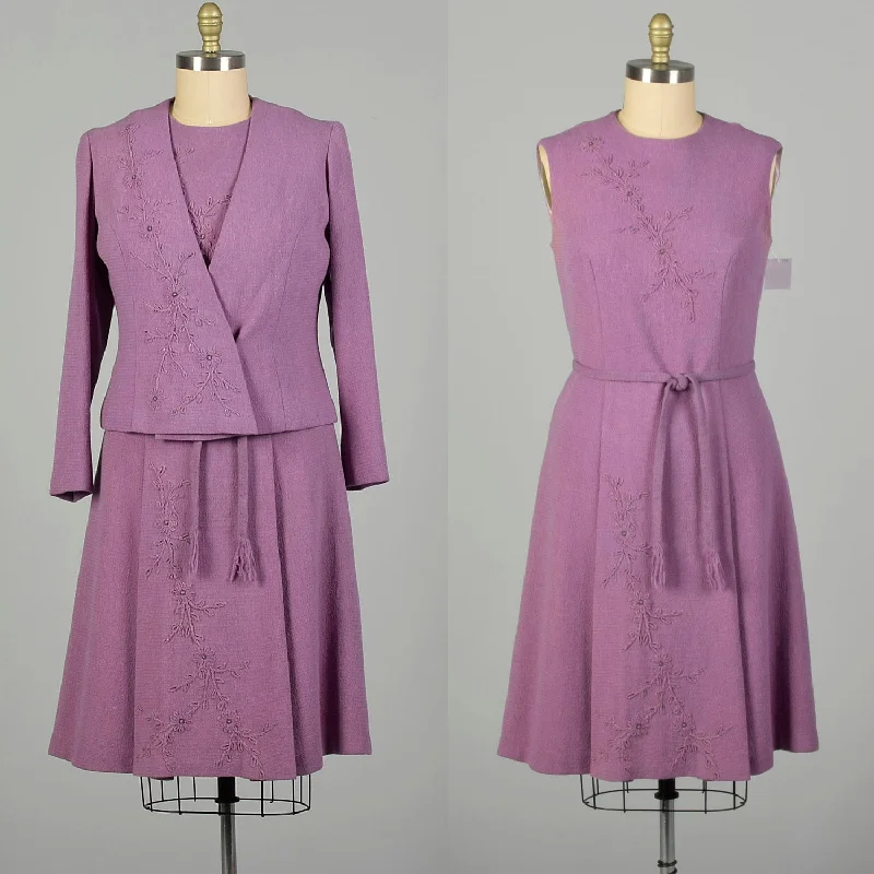 XL 1960s Set Purple Tweed Autumn Jacket Lilac Day Dress Ensemble Neutral tone unclassified dresses