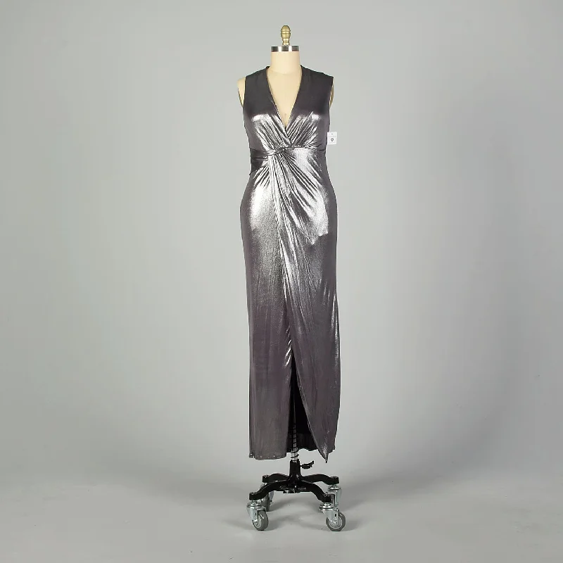 XL Y2K Halston Heritage Dress Metallic Silver Wet-Look Formal Prom Evening Gown Festival unclassified dresses