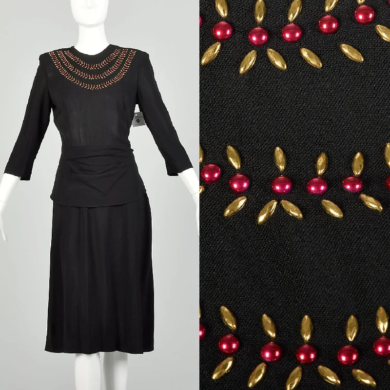 XS 1940s Little Black Dress Rayon Studs Quarter Length Sleeve Elegant unclassified dresses