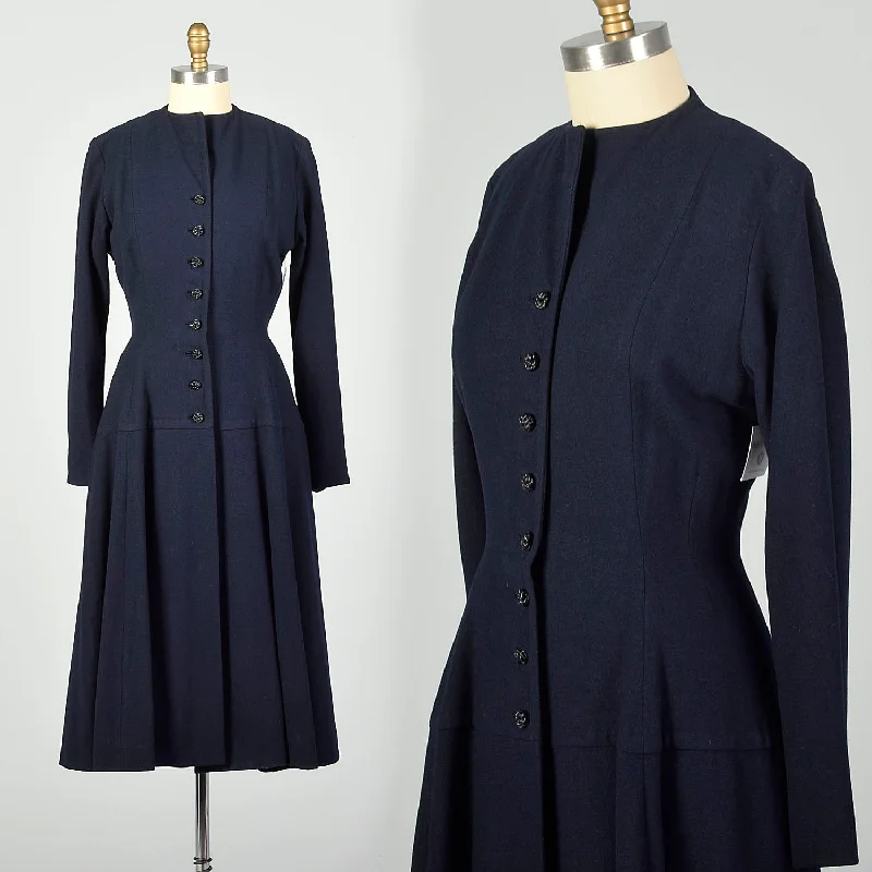 XXS 1950s Navy Blue Princess Coat Hourglass Coat Dress Winter Weight Wool Cotton unclassified dresses