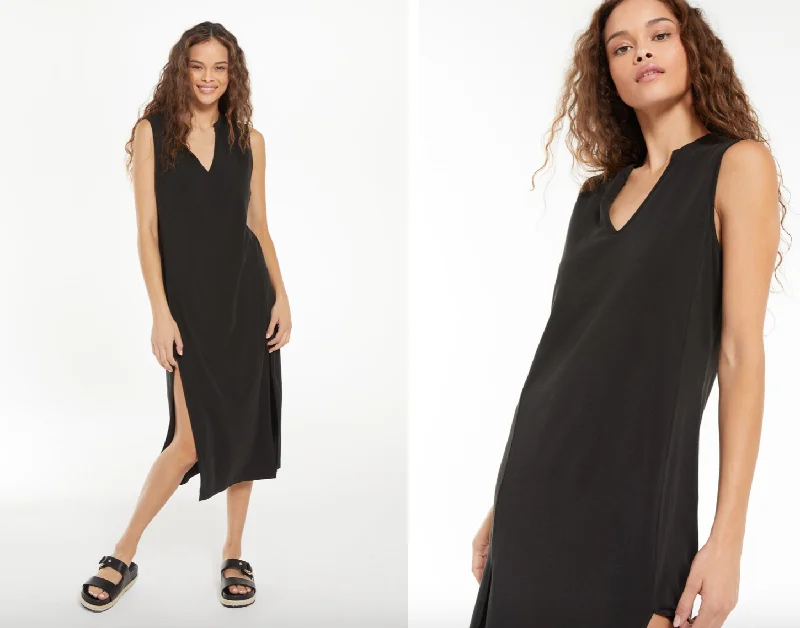 Z SUPPLY TAWNEY NOTCH FRONT DRESS IN BLACK Stretchy unclassified dresses