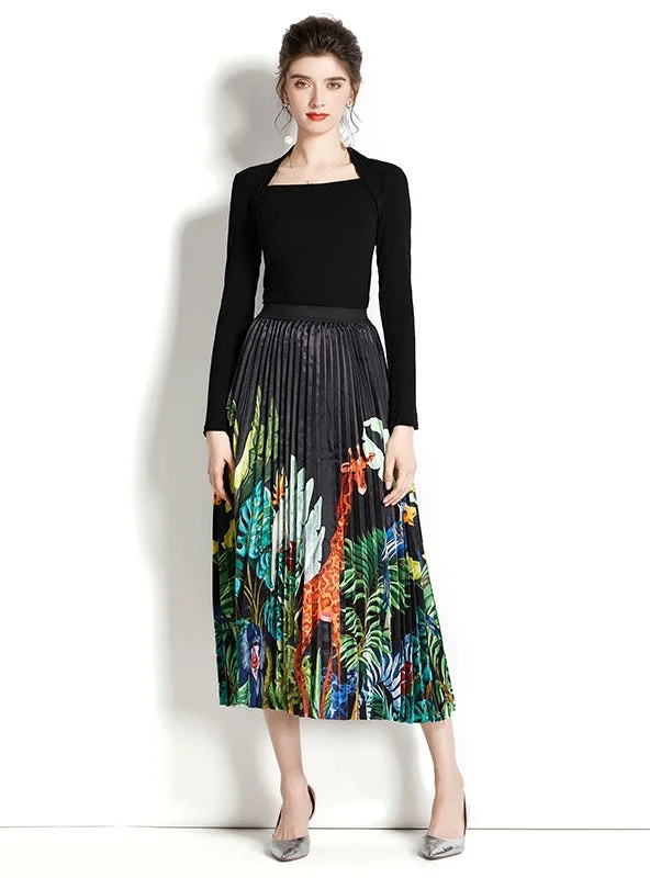 Retro Square Neck Long Sleeve Top+Printed Pleated Skirt Suit Midi Maxi Outfit