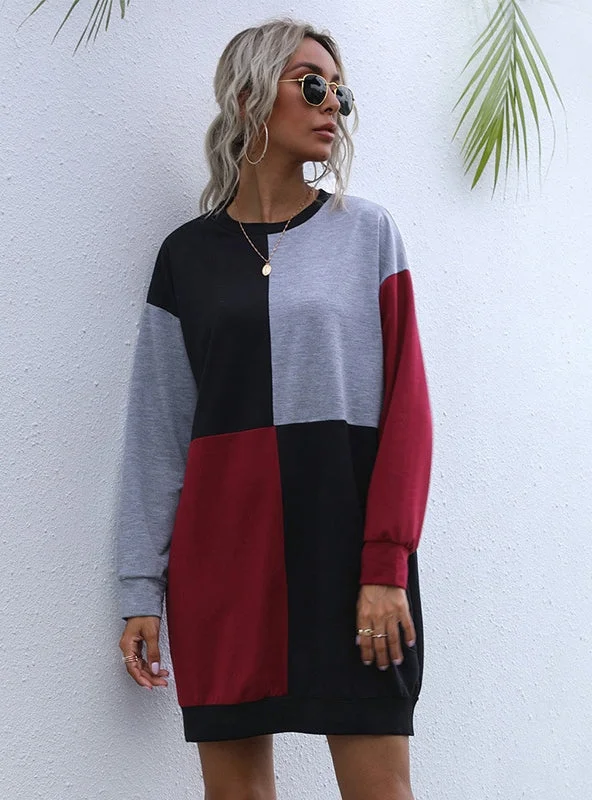 Spliced Long-sleeved Round Neck Contrast Sweater High-Waist Maxi Skirt