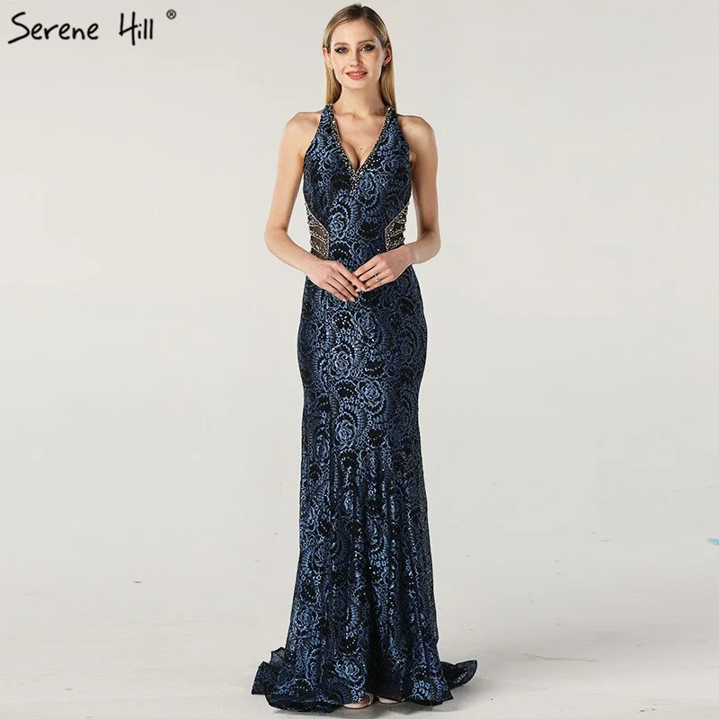 On Sale no return no refundSale Blue Halter Sleeveless Dubai Design Evening Dresses Real Photo Beading Lace Sexy Evening Gowns 2024 Serene Hill LA60818 Off-shoulder Lace Dress