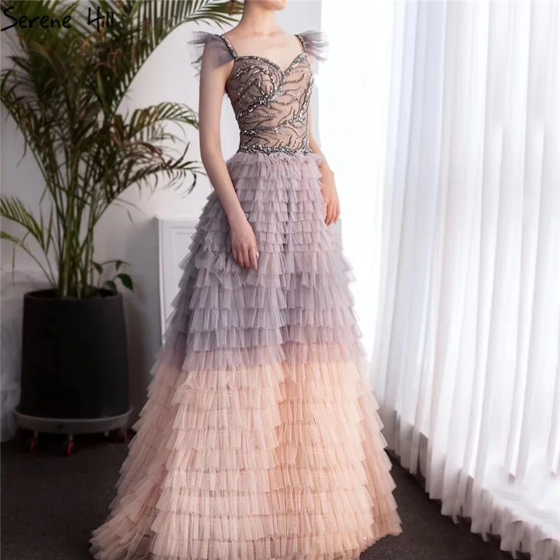 On Sale no return no refundSale Colorful Sleeveless A-Line Sexy Evening Dresses 2024 Tiered Beading Lace Up Formal Dress Design Serene Hill LA70435 Simple Lace Dress