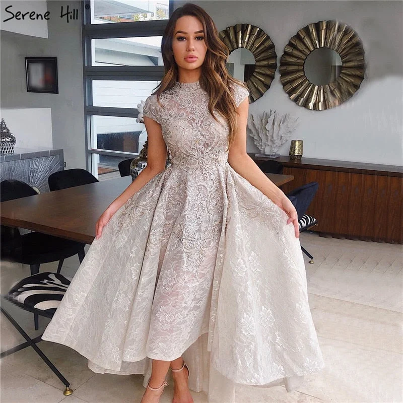 Gold High Neck Luxury Asymmetrical Evening Dresses 2024 Cap Sleeve Lace Beading Evening Gowns Serene Hill LA70227 Lace Dress Sparkly