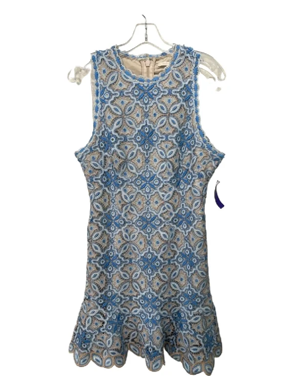 Jonathan Simkhai Size 8 Blue & Beige Polyester Lace Sleeveless Back Zip Dress Off-shoulder Lace Dress