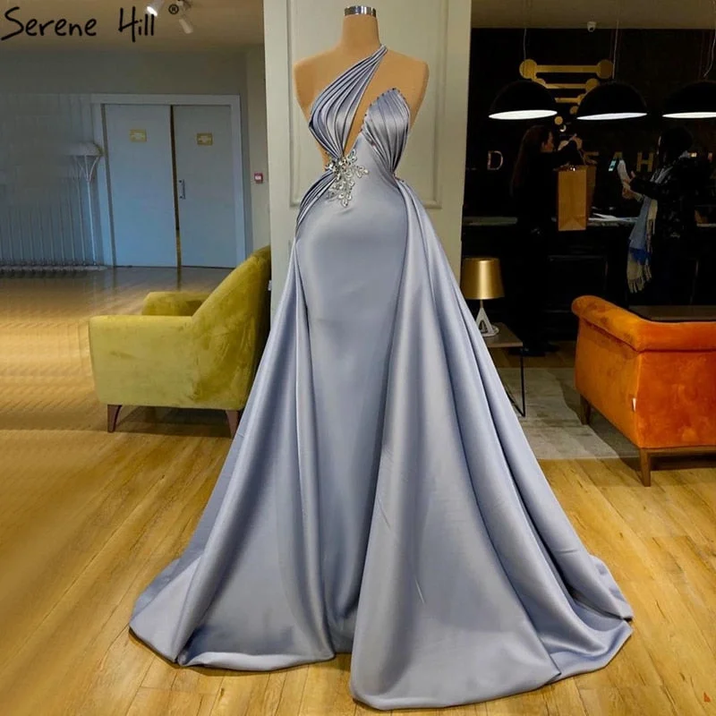 Light Blue Mermaid One Shoulder Evening Dresses 2024 Satin Sleeveless Beading Lace Up Formal Dress Serene Hill LA70578 Lace Bodycon Dress