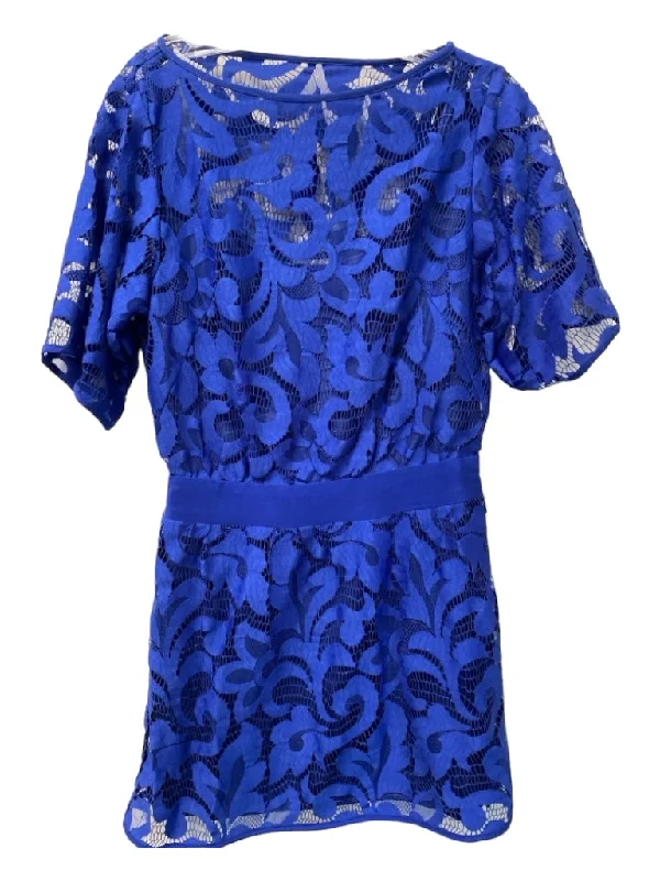 Milly Size 2 Royal Blue Polyurethane Boat Neck Half Sleeve Lace Detail Dress Lace Overlay Dress