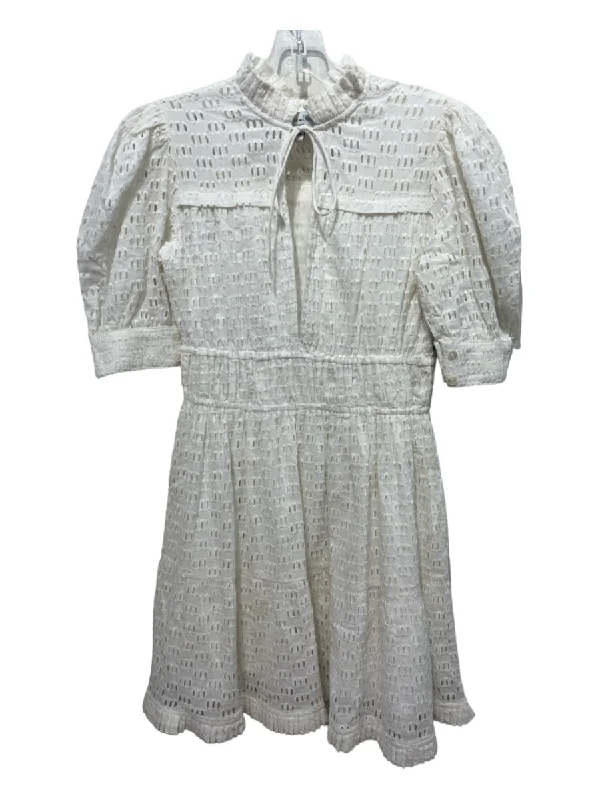 Monsoon and Beyond Size M White Cotton Crochet Lace Puff Sleeve Tie Detail Dress Lace Dress Sleek