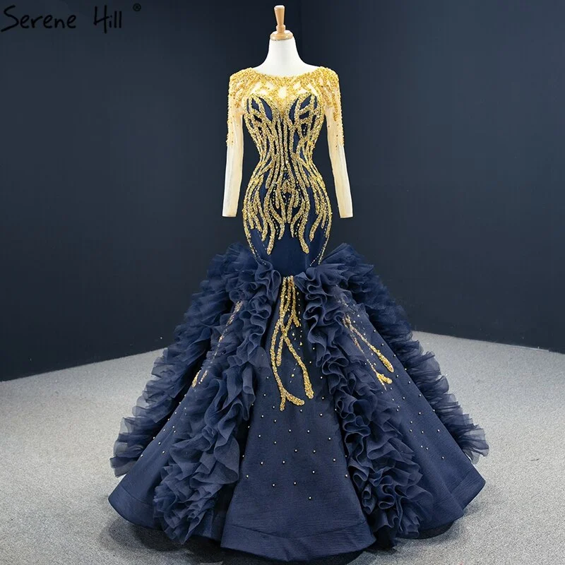 Navy Blue Mermaid High-end Sexy Evening Dresses 2024 Long Sleeve Beading Lace Up Sexy Formal Dress Serene Hill HM67132 Lace Dress Appeal