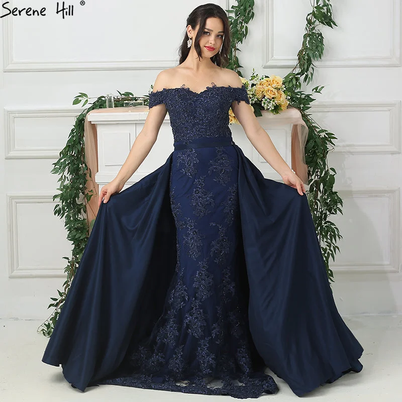 On Sale no return no refundSale Off Shoulder Navy Lace  Evening Dresses Beading Sleeveless Evening Gown LA6565 Lace Overlay Dress