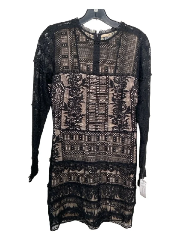 Parker Size M Black & Beige Polyester Blend Lace Overlay Long Sleeve Dress Simple Lace Gown