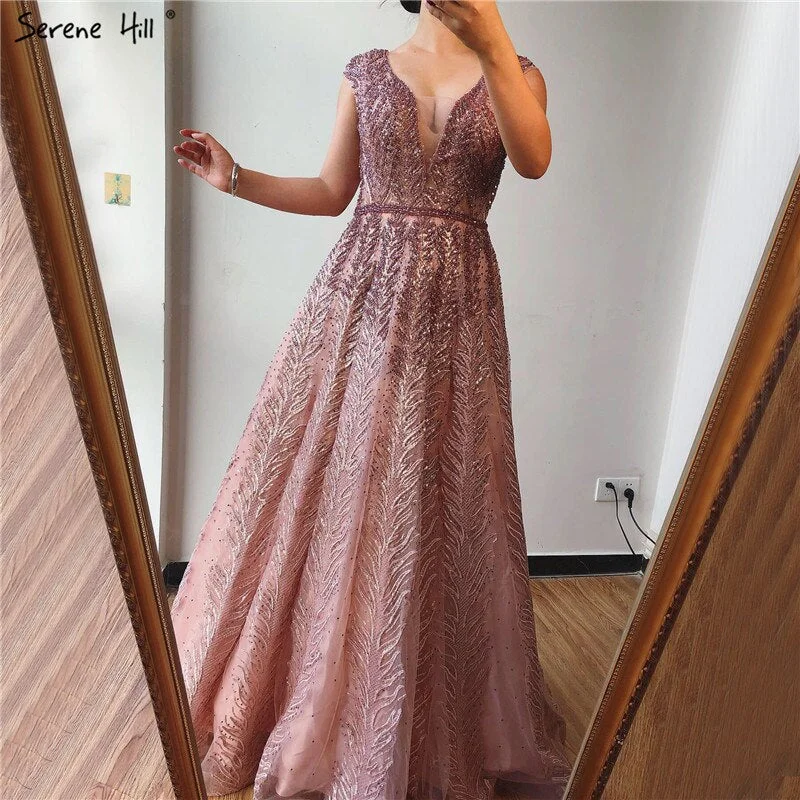 Pink V-Neck Evening Dresses Long 2024 Lace Beading Crystal Sleeveless A-Line Evening Gowns Serene Hill LA70225 Lace Shift Dress