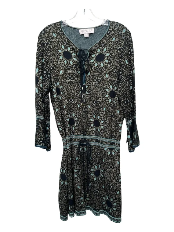 Rachel Zoe Size L Black Blue Gold Rayon Blend Bell Sleeve lace up Dress Lace Dress Lookbook