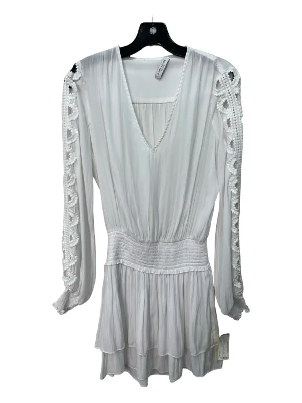 Ramy Brook Size XS White Polyester Long Sleeve Lace Detail Smocked Waist Dress Tiered Lace Gown