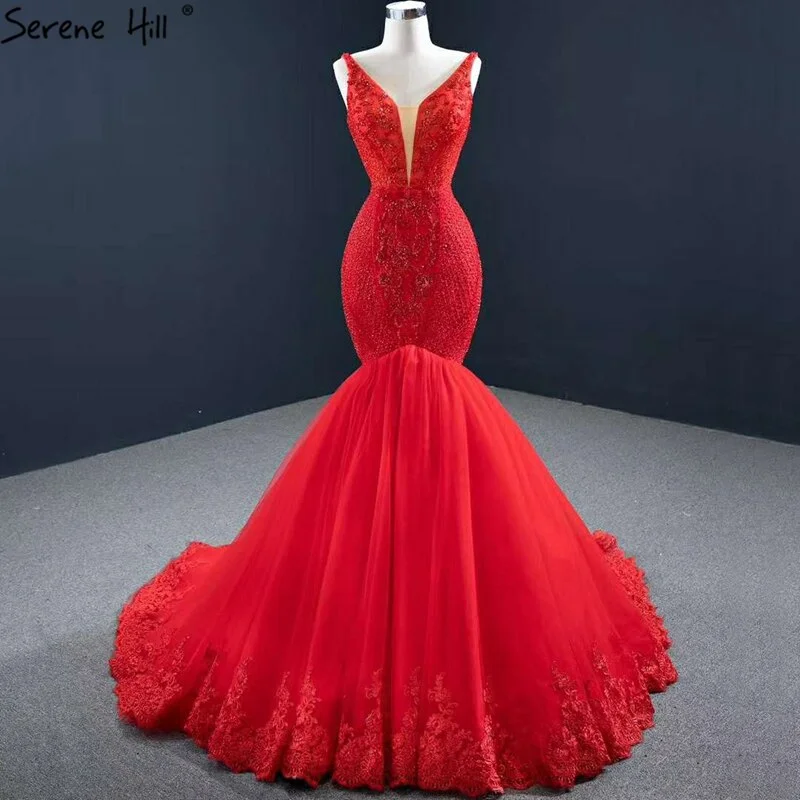 Red Mermaid Sexy Sleeveless Evening Dresses 2024 V-Neck Beading Crystal Lace Formal Dress Serene Hill HM67151 Lace Dress for Women