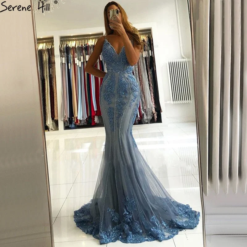 Serene Hill Blue Mermaid Sexy Evening Dresses Sleeveless Beading Lace High-end Formal Dress Design LA70724 Lace Dress Trendy