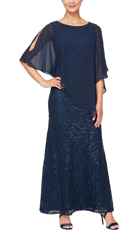 SLNY 9213121 - Lace Capelet Formal Dress Blue Lace Dress