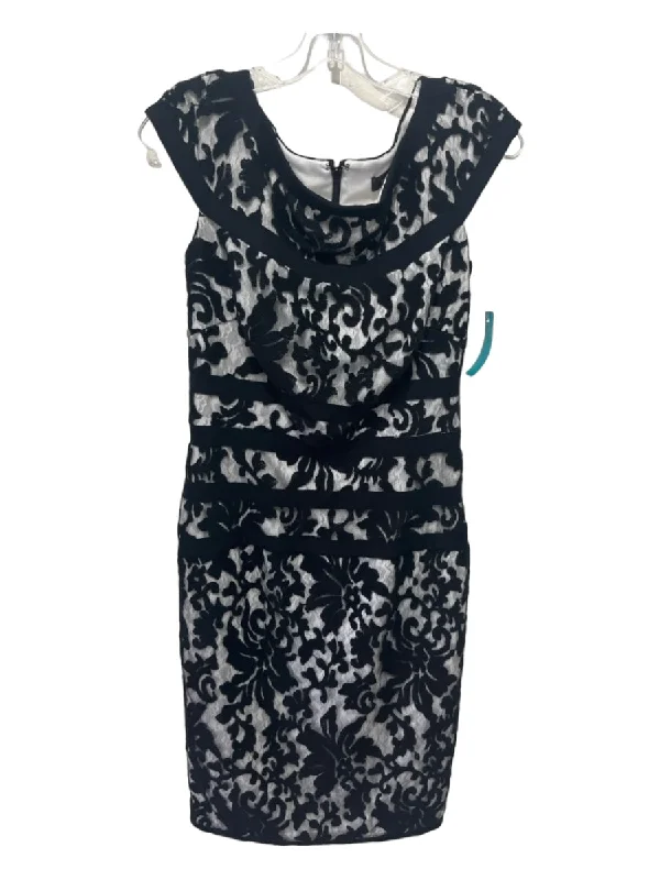 Tadashi Shoji Size 6 Black & White Cotton Blend Lace Overlay Wide Neck Dress Lace Dress Party