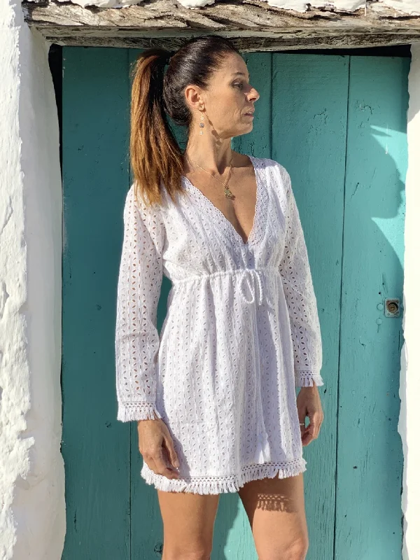 Lagos White resort wear tunica, lace cotton Ibiza boho beach wear blouse , resortwear, Lace Dress Trendy