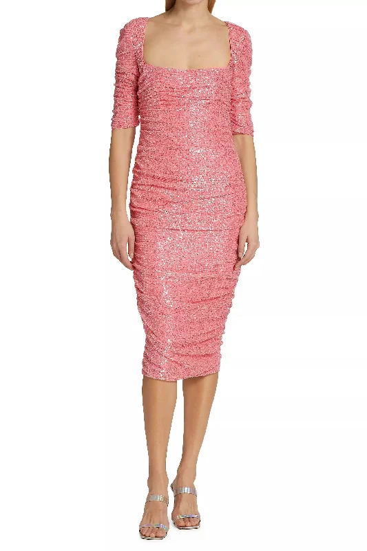 Badgley Mischka Square Neck Elbow Sleeve Zipper Closure Ruched Sequined Dress Sequin Party Dress