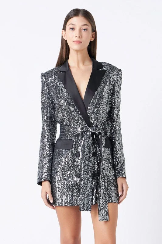 Blazer Sequin Belted Dress Elegant Glitter Sequin