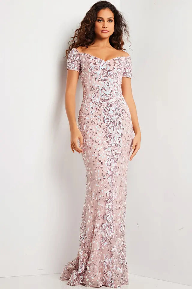 Jovani -07458 Off-Shoulder Sequin Embellished Dress Elegant Sequin Gown