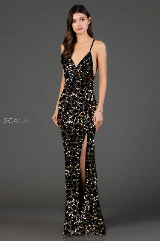 Sequined Plunging V Neck Sheath Dress By SCALA -60073 Sequin Dress Casual