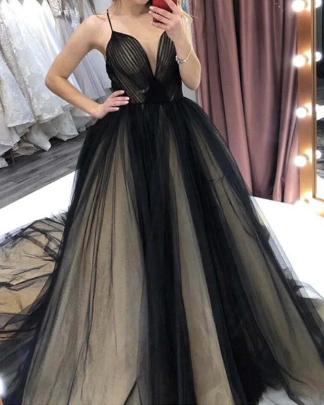 Black And Nude Wedding Dress Tulle V Neck Formal Tulle Dress