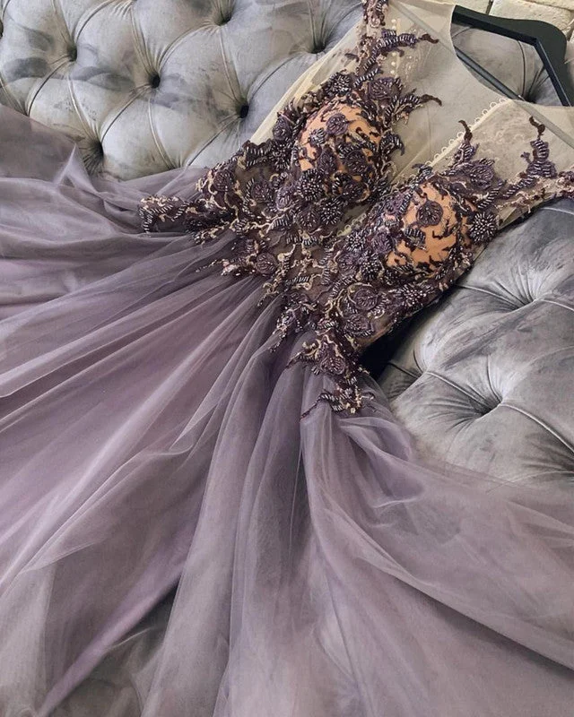 Dusty Purple Prom Dresses Tulle Lace Tulle Dress