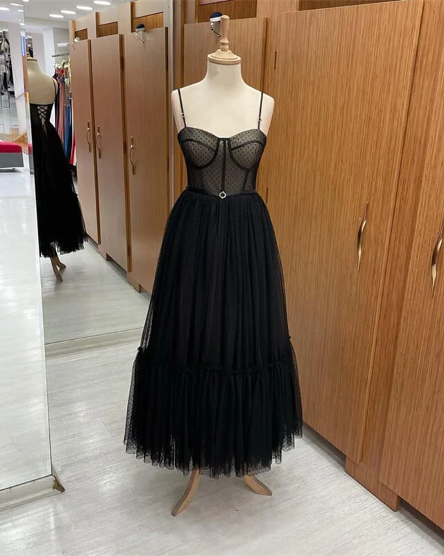 Elegant Black Dot Tulle Corset Dress Ruffled Tulle Gown