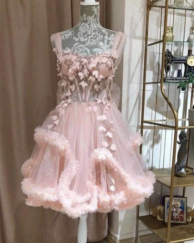 Short Pink Tulle Corset Dress With Handmade Flowers Tulle Dress Sleek