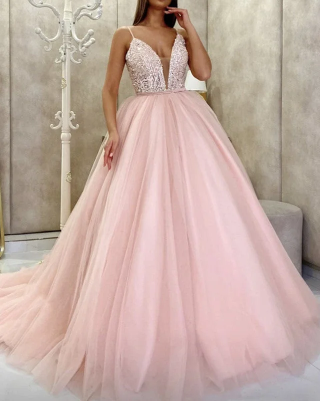 Tulle Ball Gown Plunge Neck Prom Dresses With Sequins Tulle Dress Glow