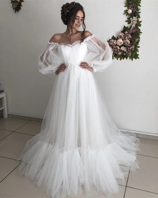 Puffy Sleeves Boho Wedding Dress Tulle Off Shoulder Tulle Dress Classic