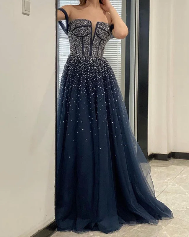 Navy Blue Tulle Prom Dresses Off Shoulder Elegant Tulle Gown