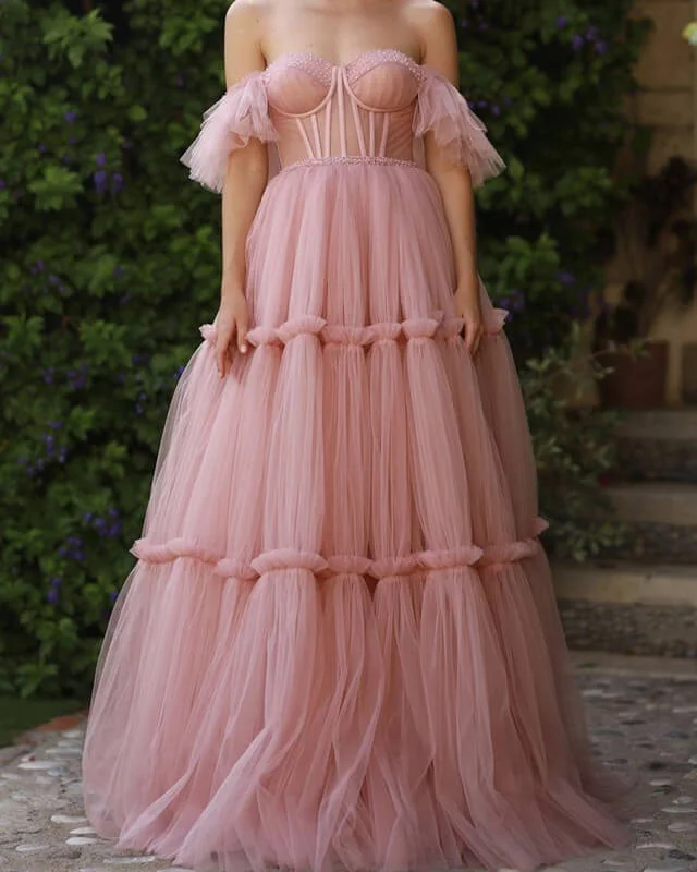 Pink Tulle Layered Corset Prom Dress Tulle Evening Dress