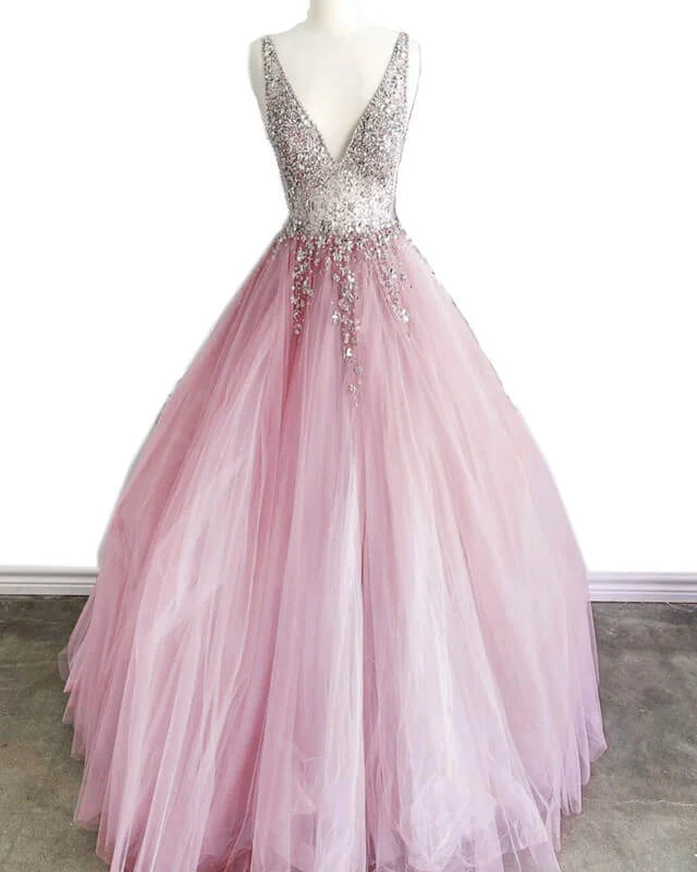 Dusty Pink Tulle Ball Gown Prom Dresses Beaded V-neck Tulle Dress Trend